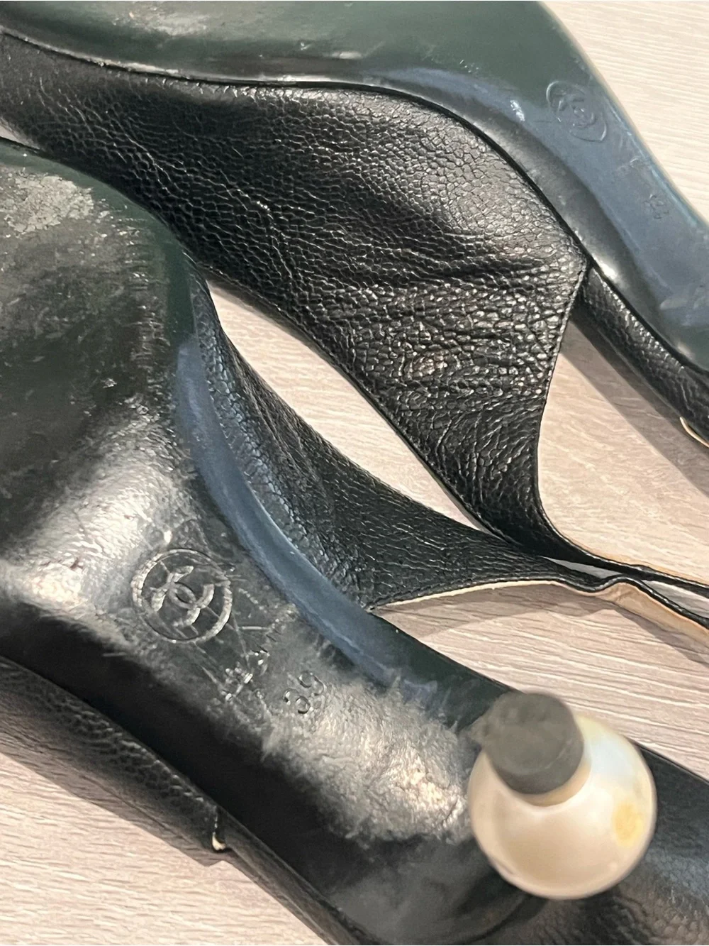CHANEL Black Open Toe Slingback Pearl Heel